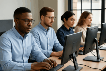 Employés concentrés devant leur poste de travail en open space