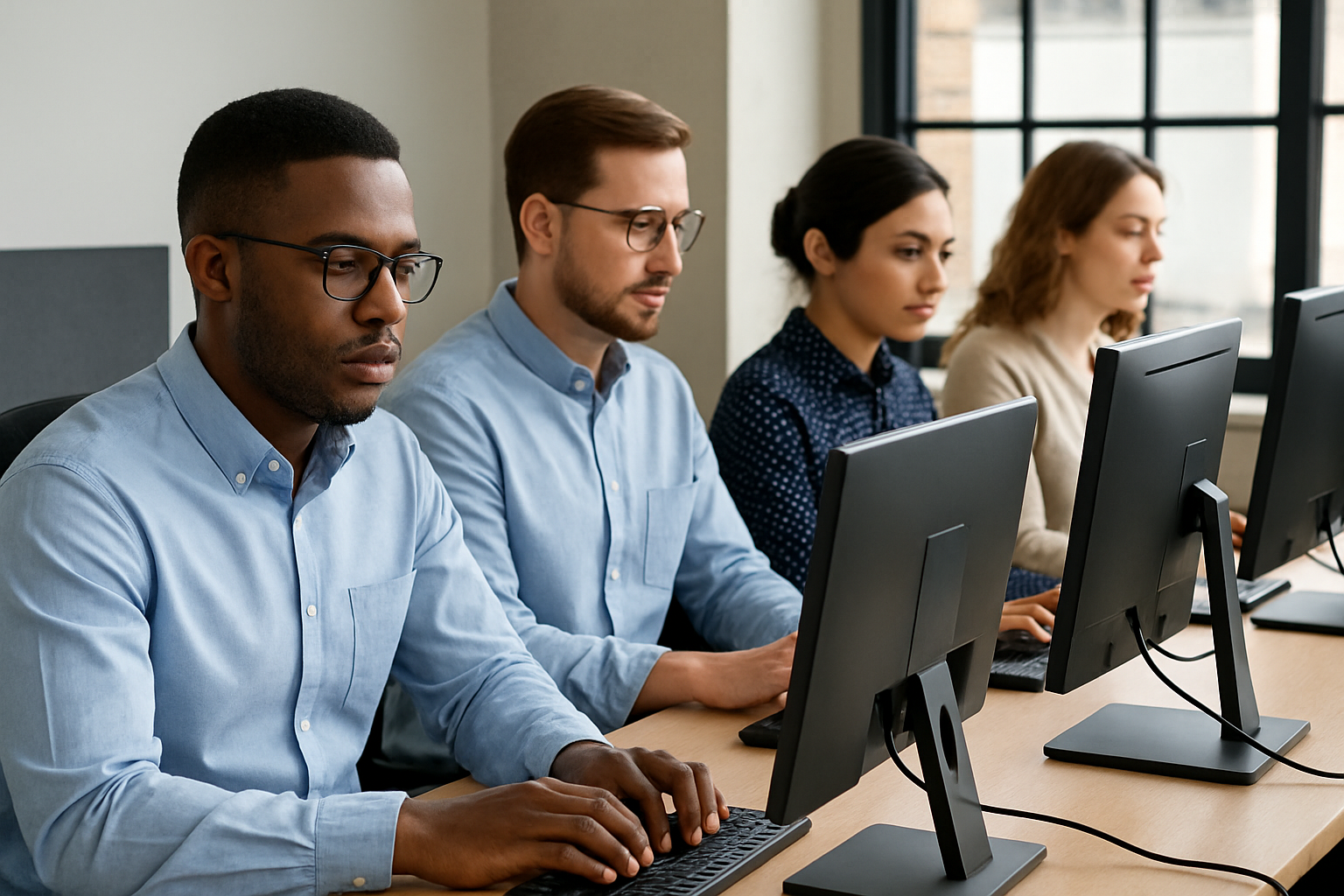 Employés concentrés devant leur poste de travail en open space